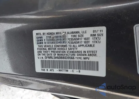 2011 Honda Odyssey Ex-L from USA, damaged, VIN 5FNRL5H60BB039566